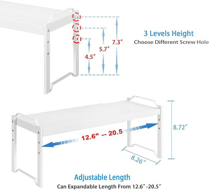 2 Pack Expandable Kitchen Cabinet Shelves Organizers, Stackable Adjustable Small Storage Shelf Rack Stand Riser for Pantry Cabinet Cupboard Kitchen Counter Organization, 22 lbs Capacity, Length:20.5"