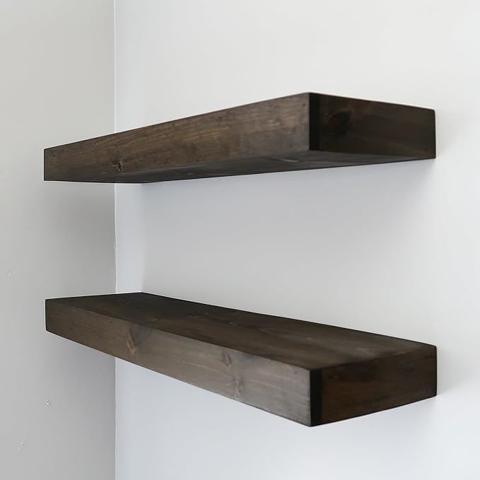 Urbandi Modern Floating Shelves 3 Inches Thick for Wall, Wide Shelves for Kitchen, Living Room, Bedroom, and Bathroom, Natural Pine Wood, Rustic Wooden Shelf, (Set of 2) (Jacobean, 48Lx3Hx8D)