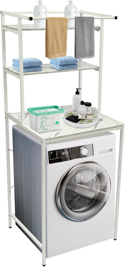 Over Washer and Dryer Shelves, 3 Tiers Laundry Room Storage and Organizer Standing Shelf, Metal Freestanding Clothes Drying Rack, Space Saving Organizers Shelf 27.1" W x 23.6" D x 69.5" H (White)
