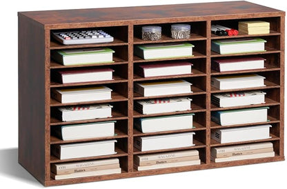 VEVOR Literature Organizer, 24 Compartments Office Mailbox with Removable Shelves, Wooden Mailbox Sorter Particle Board Office Home Classroom Storage, File Sorter for Documents, Papers, Dark Brown