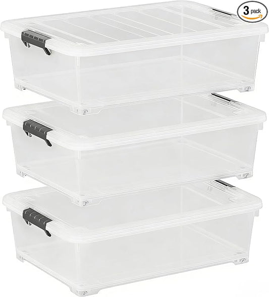 Buyitt 25 Quart Clear Plastic Latch Storage Box with Wheels, Under Bed Storage Box, 3 Pack