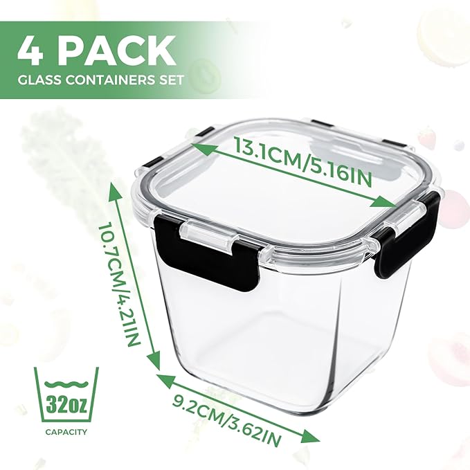 32 oz Glass Soup Containers with Lids, 4 Cup Glass Food Storage Containers with lids, Meal Prep Containers, Microwave, Oven, Freezer and Dishwasher, BPA Free
