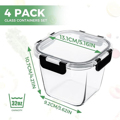32 oz Glass Soup Containers with Lids, 4 Cup Glass Food Storage Containers with lids, Meal Prep Containers, Microwave, Oven, Freezer and Dishwasher, BPA Free