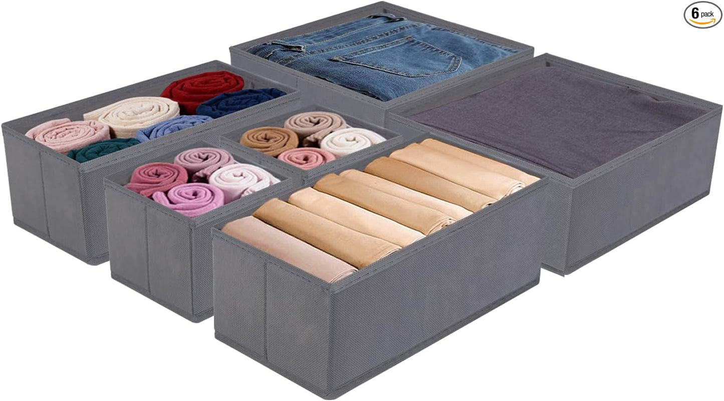 Drawer Organizer Set for Baby Clothes, Nursery Dresser Storage, Closet Dividers for Socks, Underwear, Bra (Grey, 6 pcs)