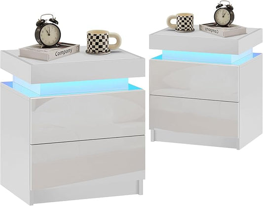 OFCASA Nightstand Set of 2 with LED Lights, Smart Night Stand with Flip Top Storage, Bedside Table with 2 High Gloss Drawers, Modern End Side Table for Bedroom (White)