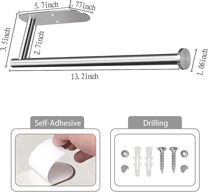 Paper Towel Holder Under Cabinet - Wall Mount Paper Towel Holder Self Adhensive Easy Tear Bathroom Wall Mounted Horizontal or Vertical SUS304 Stainless Steel (Silver)