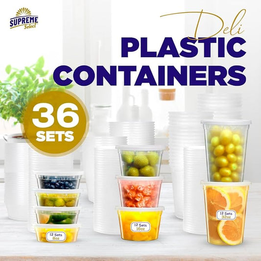 Supreme Deli Plastic Storage Containers with Lids 8oz, 16oz, 32oz [12 sets of each - 36 combo pack] Reusable Food Containers - Microwavable & Freezer friendly - Dishwasher safe - Secure fitting Covers