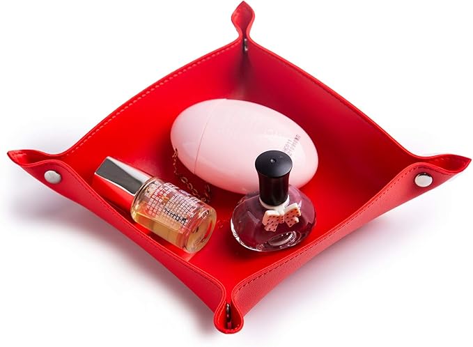 SANQIANWAN Leather Jewelry Valet Tray for Women and Man, Portable Entryway Table Tray Bedside Nightstand Desk Tray Small Catchall Travel Dish Plate for Key,Wallet,Watch,Coin (Red-B)