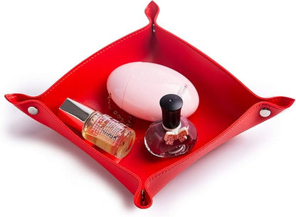 SANQIANWAN Leather Jewelry Valet Tray for Women and Man, Portable Entryway Table Tray Bedside Nightstand Desk Tray Small Catchall Travel Dish Plate for Key,Wallet,Watch,Coin (Red-B)