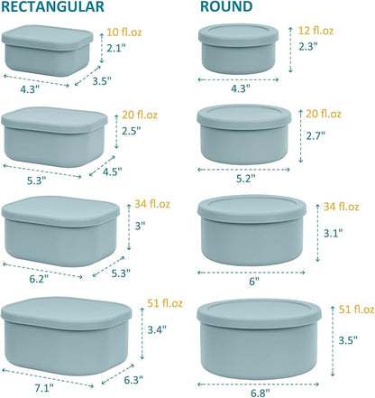 100% Silicone Food Storage Containers with Lids, 8 Pack, 10oz to 51oz, Reusable Leakproof Nesting & Stackable Silicone Bento Lunch Box, Microwave Freezer Dishwasher Oven Safe, BPA Free, Slate Green