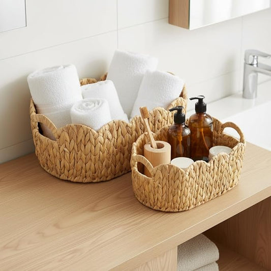 Scalloped Basket,Water Hyacinth Basket for Organizing and Decor,Hand-Woven Rattan Baskets with Built-In Handles for Living Room,Bedroom,Laundry,2 Pack