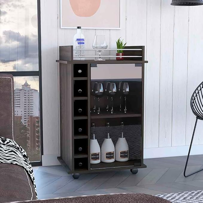 Mobile Bar Cart with Glass Door Cabinet, 6 Wine Bottle Storage Cubbies, Carbon Espresso Finish, 35" H x 21.6" W Bar Serving Cart with Wheels (Espresso)