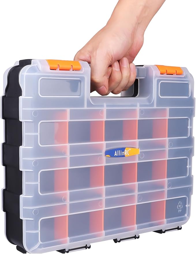 Small Parts Organizer Double Sided Parts Organizer with Removable Dividers 34-Compartments Storage Bins for Hardware, Screws, Nuts, Bolts, Washers, Nails, Fasteners, Tools