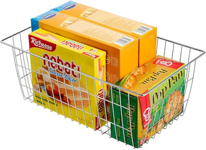 SANNO Freezer Baskets Wire Storage Baskets Closet Organization Baskets Bin Farmhouse Storage Bins Large Organizer Bins for Home, Office, Bathroom, Pantry -Set of 3, Chrome, 15.7"