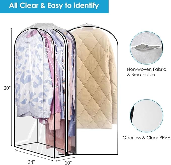 60" Clear Clothes Hangers with Smooth Side Zipper, 10" Gusseted Waterproof Garment Bags for Shirts, Coats, Dresses, Suits, 4 Pack