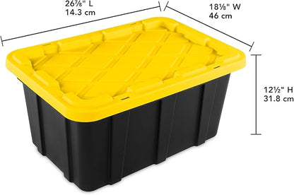 Sterilite 17 Gal Industrial Tote, Stackable Storage Bin with Snap-Fit Lid for Garage, Basement & Attic Storage, Black Base and Yellow Lily Lid, 6-Pack