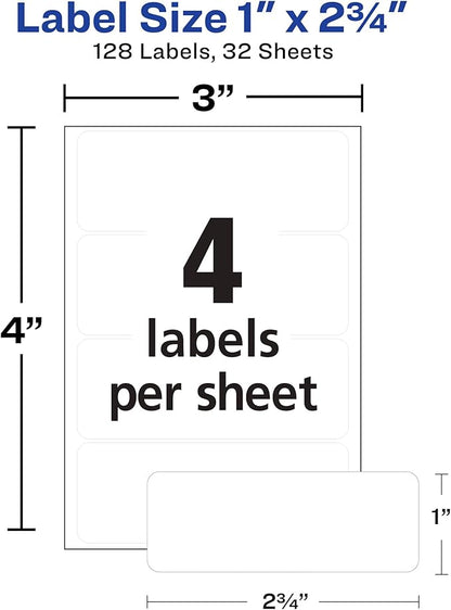 Avery Multi-Use Permanent Labels, 1" x 2.75", White, Non-Printable, 128 Blank Labels Total (6113)