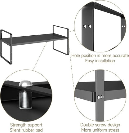 16.5~27.1" Expandable Shelf Organizer, 1Pack 8.1" Wide Stackable Cabinet Shelf Organizers, Black Metal Sturdy Kitchen Counter Storage for Countertop, Adjustable Height Spice Rack