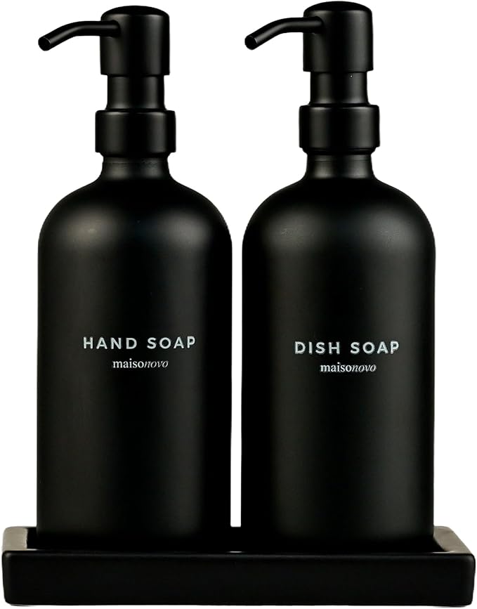 Maisonovo Kitchen Soap Dispenser Set | Hand and Dish Soap Dispenser Set with Handmade Ceramic Vanity Tray and 16 Waterproof Labels | Black Glass Bottles & Black Pumps