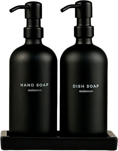 Maisonovo Kitchen Soap Dispenser Set | Hand and Dish Soap Dispenser Set with Handmade Ceramic Vanity Tray and 16 Waterproof Labels | Black Glass Bottles & Black Pumps