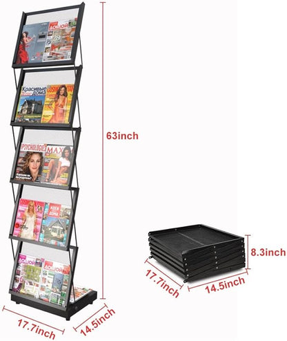 brochure display stand&Foldable Magazine Rack with 5 Pockets for Exhibition and Trade Show (17.7'X14.5'X63')