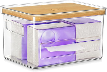 Acrylic Trash Bag Holder, Multi Purposes Clear Organizers and Storage with Bamboo Lid, Kitchen Paper Holder Stackable Toilet Tissue Storage