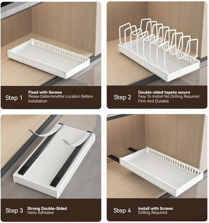 Pots and Pans Organizer Under Cabinet, Pull Out Pots and Pans Organizer, Expandable Sliding Lid Holder and Pan Rack for Pot Lid, Bakeware, Dishes, 10 Adjustable Dividers
