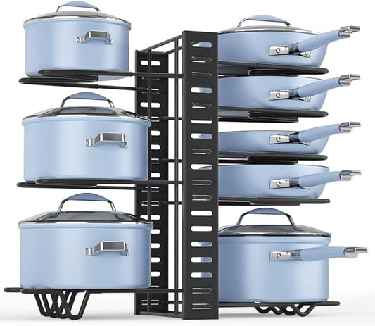Felibeaco Adjustable Pots and Pans Organizer Rack for Cabinet, Metal Pans Pots Lids Storage Holder Rack with 3 DIY Methods for Kitchen, Counter,Black
