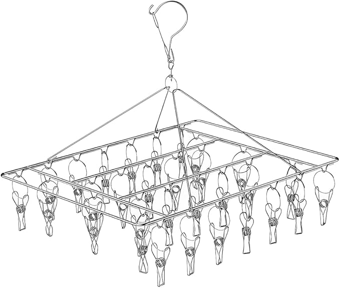 JPORSHU Sock Folding Stainless Steel Sock Drying Rack with 46 Clips,Metal Sock Hangers with Clips，360 DegreesSwivel Hook Wind-Proof Clothes Hanger Rack,for Sock, Bras, Underwear, Laundry Accessories