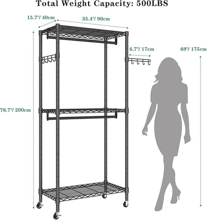 Heavy Duty Rolling Garment Rack, 3 Tiers Wire Shelves Adjustable Freestanding Portable Rolling Clothing Rack with Lockable Wheels, 35.4''L x 15.8''W x 78.8''H, Max Load 420LBS