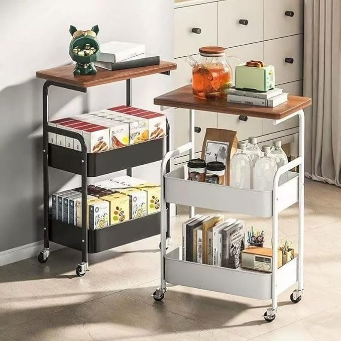 3Tier Rolling Cart - Metal Utility Cart with Wheels, Heavy Duty Mesh Rolling Storage Cart Organizer for Kitchen Office Bedroom Living Room Table (White)
