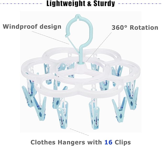 Clothespin Rack Laundry Drying Rack,Clothes Hangers with 16 Clips,Clip Hanger Drip Hanger for Drying Underwear,Baby Clothes,Socks,Bras,Towel,Pants,Hat,Scarf,Cloth Diapers,Gloves (Light Blue)