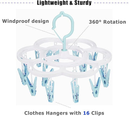 Clothespin Rack Laundry Drying Rack,Clothes Hangers with 16 Clips,Clip Hanger Drip Hanger for Drying Underwear,Baby Clothes,Socks,Bras,Towel,Pants,Hat,Scarf,Cloth Diapers,Gloves (Light Blue)