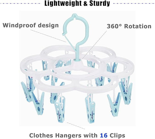 Clothespin Rack Laundry Drying Rack,Clothes Hangers with 16 Clips,Clip Hanger Drip Hanger for Drying Underwear,Baby Clothes,Socks,Bras,Towel,Pants,Hat,Scarf,Cloth Diapers,Gloves (Light Blue)