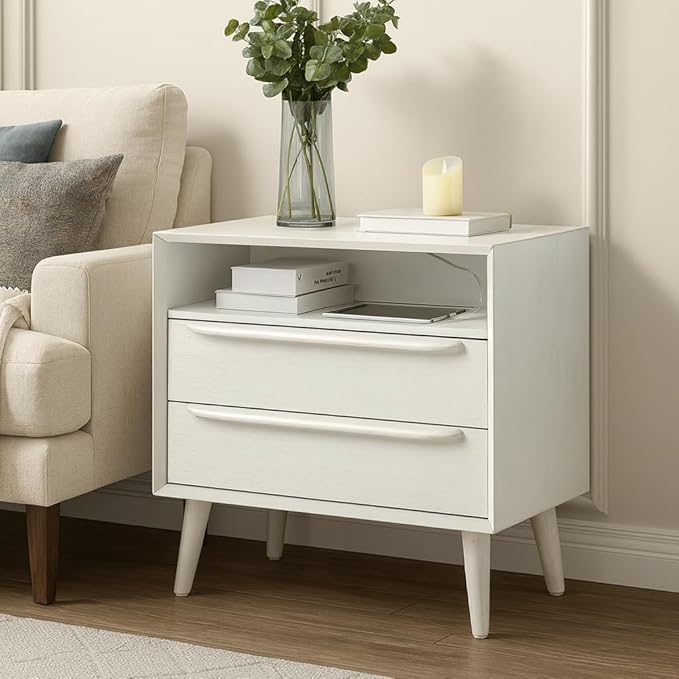 HULALA HOME End Table with Charging Station, Mid-Century Modern 2 Drawer and Open Shelf, Fluted End Table（White）