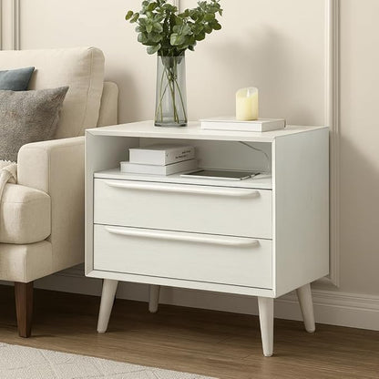 HULALA HOME End Table with Charging Station, Mid-Century Modern 2 Drawer and Open Shelf, Fluted End Table（White）