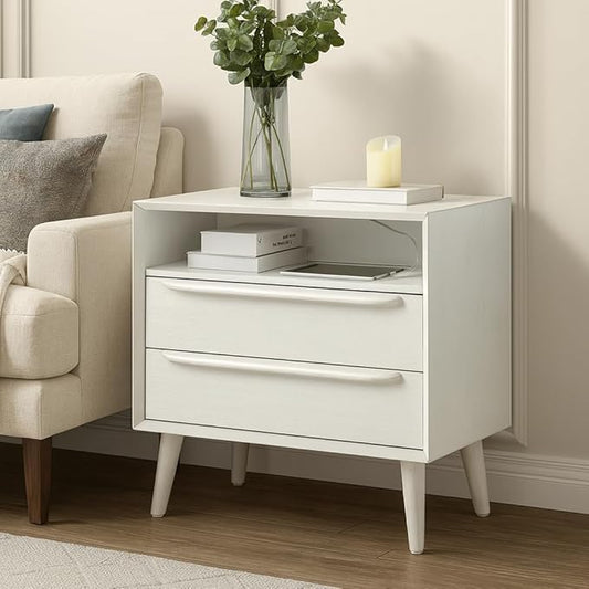 HULALA HOME End Table with Charging Station, Mid-Century Modern 2 Drawer and Open Shelf, Fluted End Table（White）