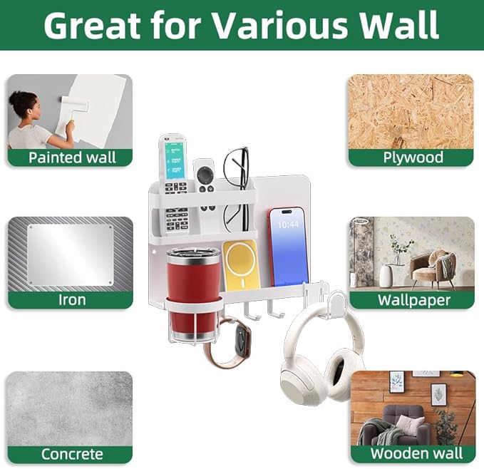 Versatile Bedside Wall Organizer, Floating Bedside Shelves, Wall Mount Essential Accessories for Room Decor, Dorm, Makeup Organizer, Remote Control Holder，Night Stand