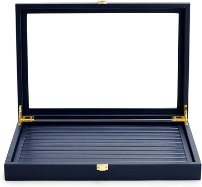 Oirlv Premium Blue Leather Rings Earrings Organizer Tray with Clear Lid Jewelry Display Box with Acrylic Lid Stackable Jewelry Box Drawer Inserts