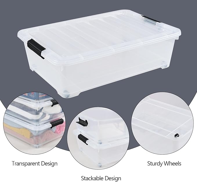 Yesdate 25 Quart Plastic Under Bed Storage Boxes, Wheeled UnderBed Storage Container, 3 Pack, Clear