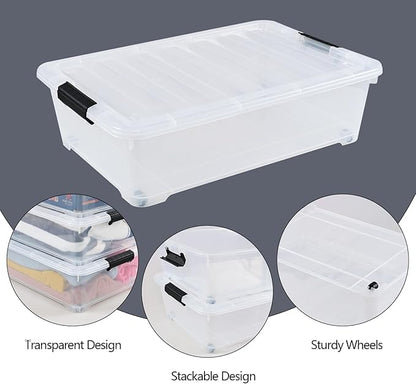 Yesdate 25 Quart Plastic Under Bed Storage Boxes, Wheeled UnderBed Storage Container, 3 Pack, Clear