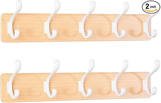 TORZCT Coat Rack Wall Mount Coat Hooks Coat Hanger with 5 Hooks 2 Installation Over Door Hooks Wood Plank Hat Rack for Wall Hooks Hanging Coat Hat Jacketgt Mudroom Bathroom Entryway-White