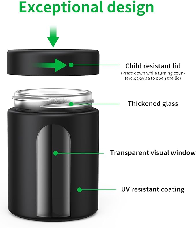 Glass Storage Jar (4 oz), 2 Pack Premium Smell Proof Visual Container with Child Resistant Cap, Small Waterproof Bottle Multipurpose Container for Coffee Teas Herbs Spices(120ml)