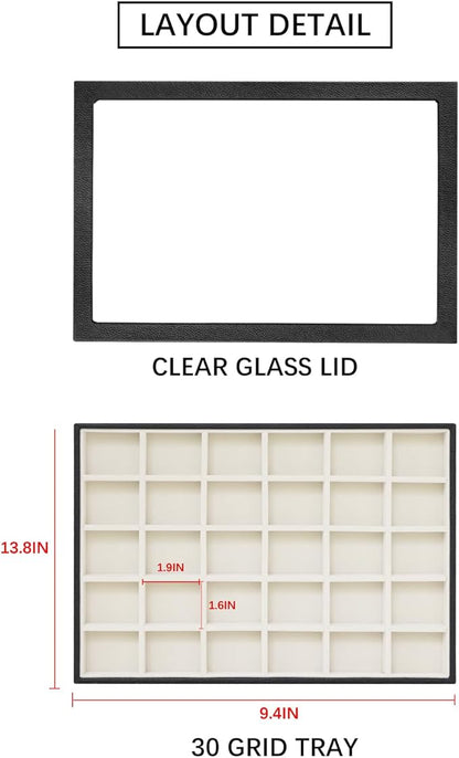 Wudygirl Jewelry Organizer 30 Grid Jewelry Tray with Lid Earring Holder Organizer for Women Ring Earring Bracelet Holder Storage (Pu Black Beige)