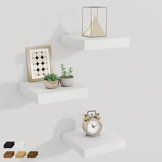 Fun Memories Small Floating Shelves for Wall - 8 Inch Square Wall Shelves with Invisible Brackets, White Shelves for Bathroom, Living Room, Bedroom, and Kitchen Decor, Set of 3