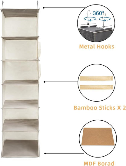 6-Shelf Hanging Closet Organizer and Storage, Collapsible Hanging Shelves for Closet with 2 Side Pockets, Hanging Shoe Organizer to Saving Space,Beige