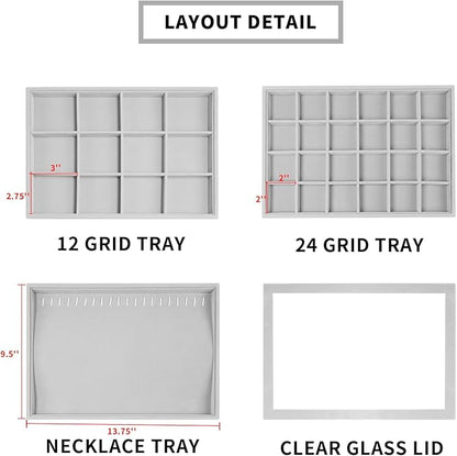 Wudygirl Jewelry Organizer Jewelry Tray with Lid Set of 4 Earring Jewelry Holder Organizer Velvet Ring Necklace Bracelet Box for Women Drawer Inserts Stackable (Gray)