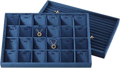 Dansmiy Velvet Necklace Display Tray, Stackable 24 Grid Insert Pendant Necklaces Storage Holder Plate, Jewelry Retail Countertop Organizer (Blue)