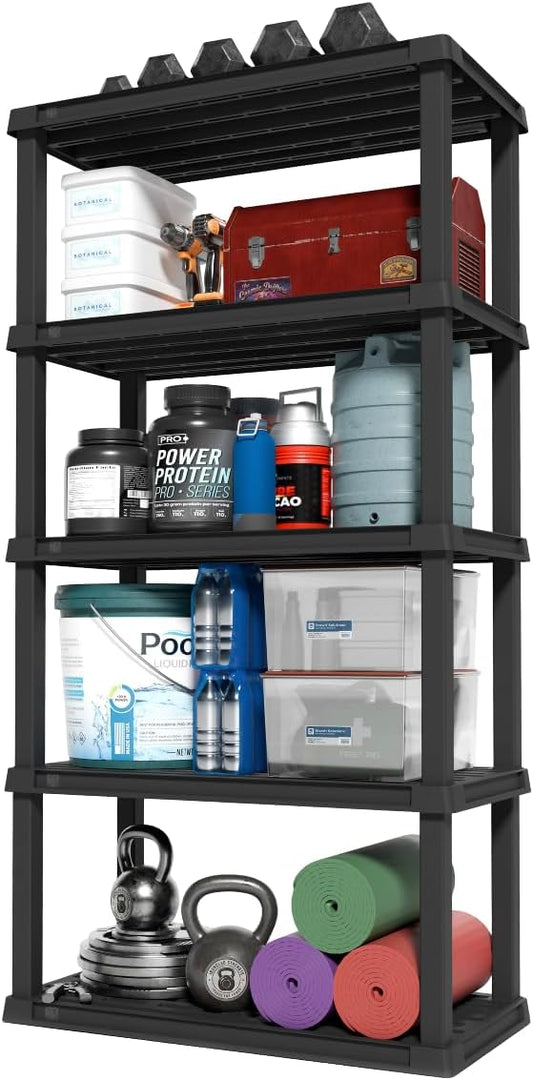 IRIS USA 5-Shelf Heavy Duty Plastic Storage Shelves, 750lb Capacity, 73" H x 36" W x 18" D, Large Modular Shelving Unit Storage Organizer for Garage, Home, Warehouse & Gym, Storage Rack - Black