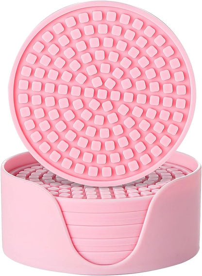 Colinda Silicone Drink Coasters with Holder, Set of 6, Outdoor Cup Mat for Hot or Cold Drinks, Thickened, Non-Slip,Non-Stick, Pink